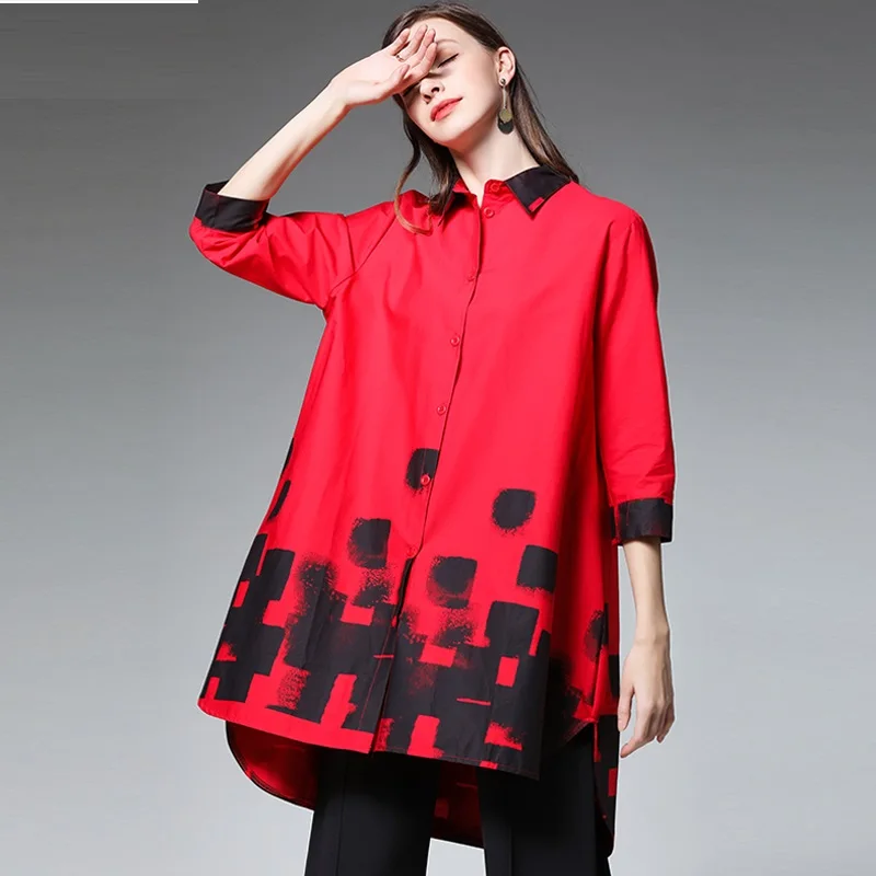 

2019Fashion Cotton long shirt 3/4 sleeve geometric printed turn down collar asymmetrical casual blouse plus size female tops 4XL