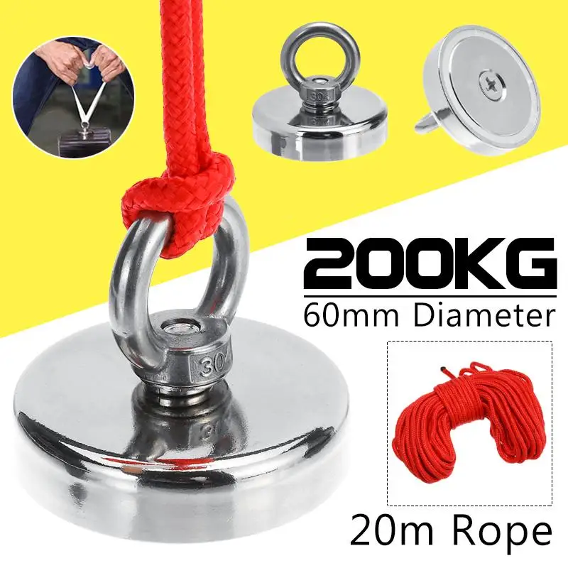 200KG Single Side 98/200/300/400/500 кг Один/двухсторонний сильный неодимовый магнит круглый магнит+ 10 м/20 м веревки для глубокого моря поврежденный для рыбалки и охоты - Цвет: 200KG Single Side