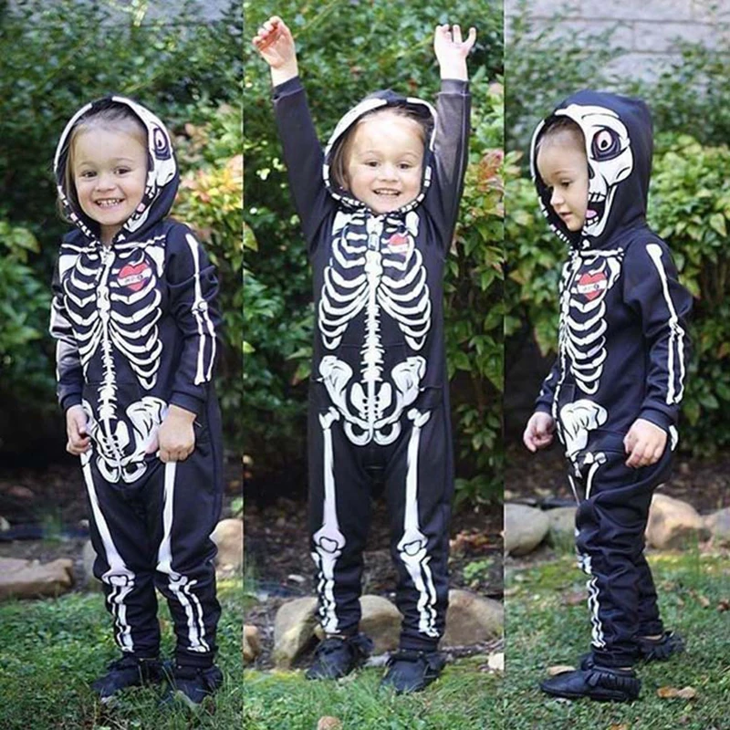 Bebé niños Halloween ropa calavera impresión niños niñas mamelucos con capucha mono Bebe calavera Trick ropa cremallera trajes Bebé niños Halloween ropa calavera impresión niños niñas mamelucos con capucha mono Bebe calavera Trick ropa cremallera trajes