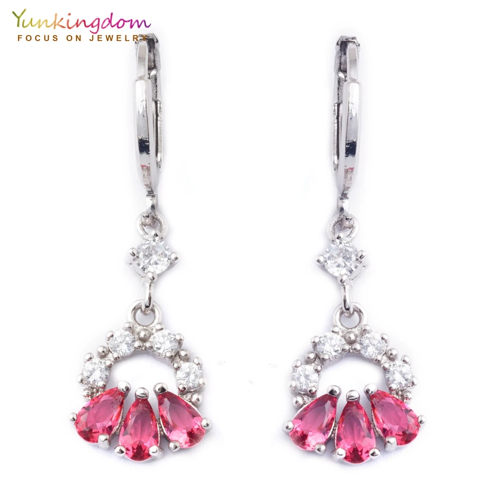 

Yunkingdom Lovely red cz crystal long earrings for women fashion wedding jewelry silver color dangle earring K1409