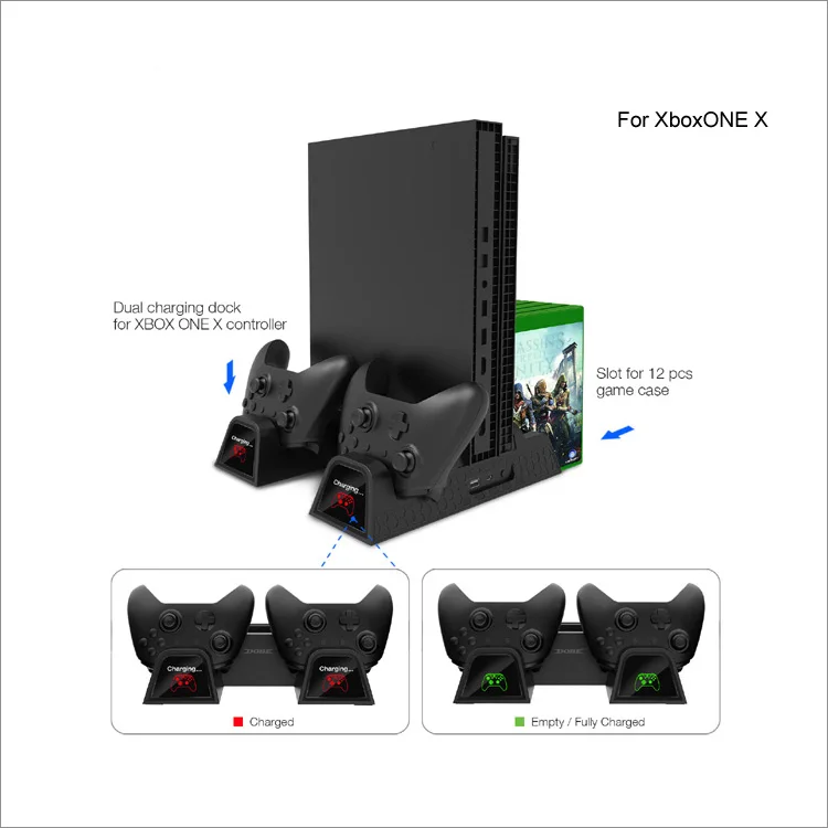 Vertical Cooling Stand Charging Stand for Xbox One/Xbox One S/Xbox One X Console Controllers with two Batteries and Game Storage