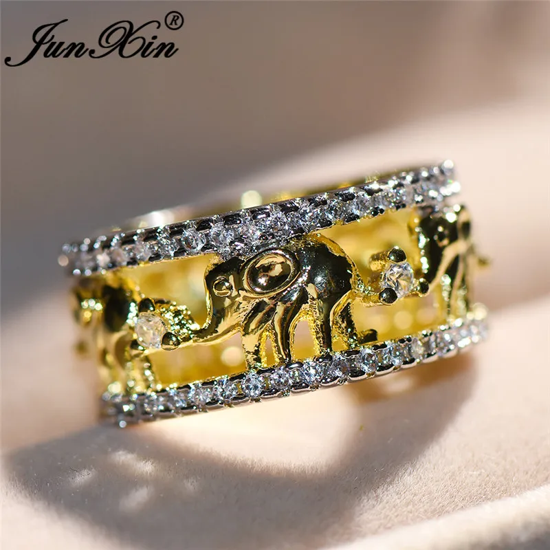 JUNXIN Cute Gold Color Elephant Finger Ring Luxury White Zircon Promise Wedding Rings For Women Men Unique Animal Jewelry