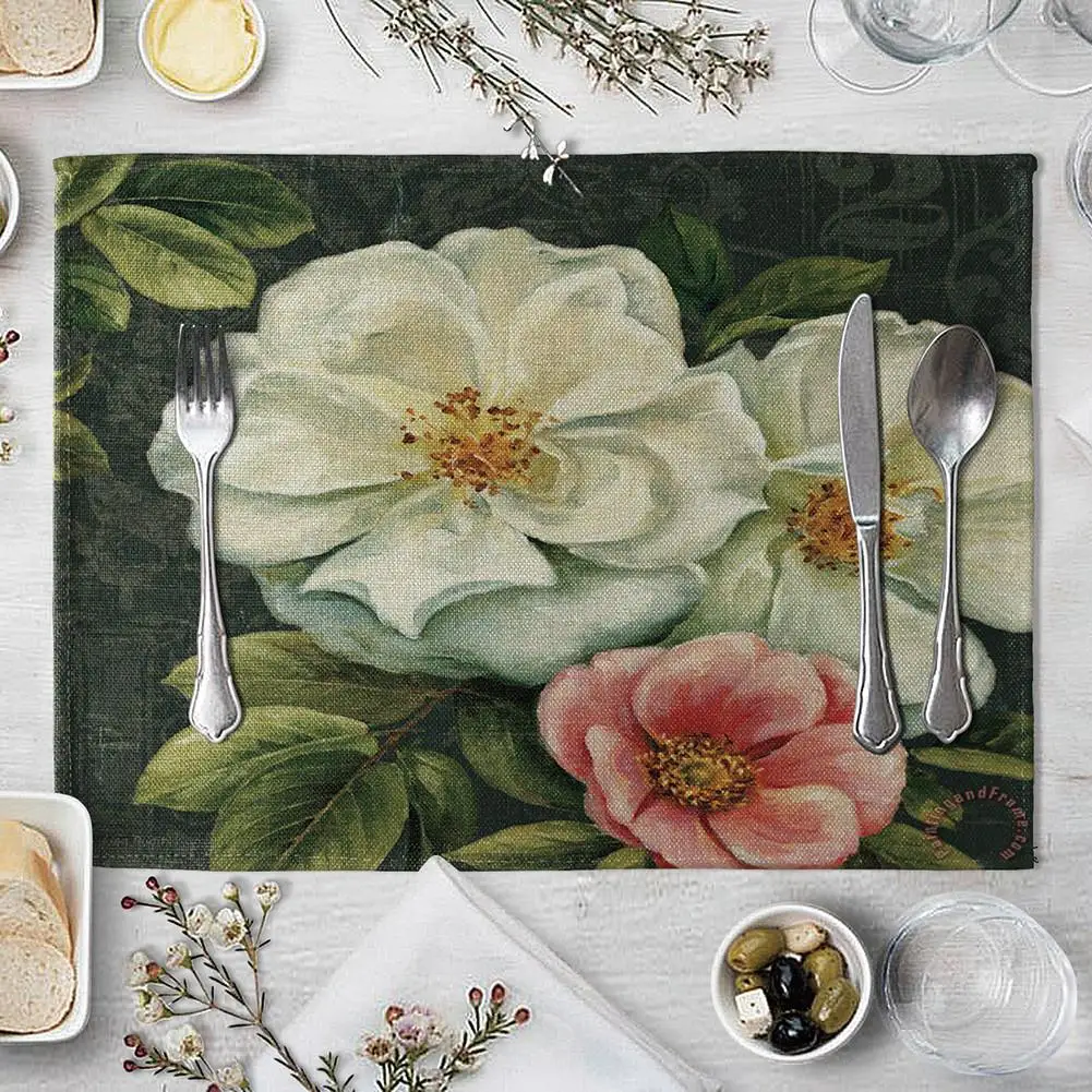 Table Mat Vintage Flower Printed Placemat Linen Tablewear Pad Home Dinning Table Decor in Mats