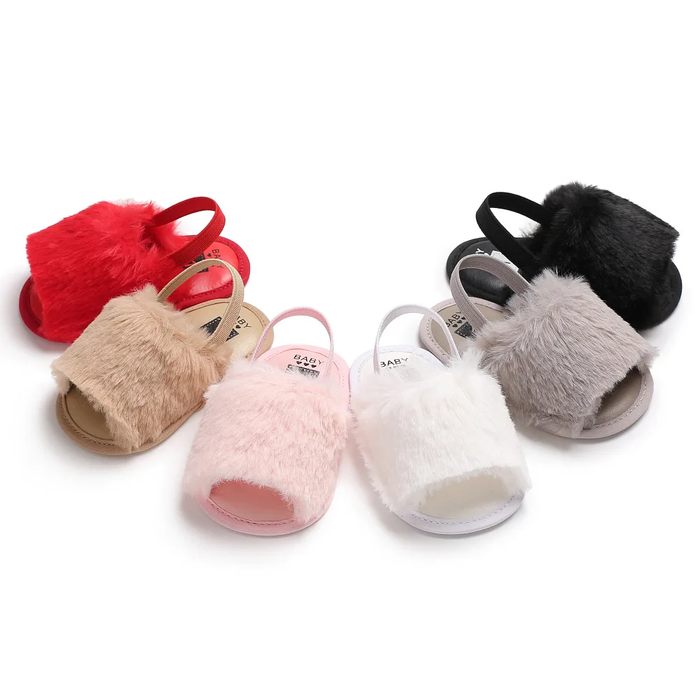 Розовые сандалии с искусственным мехом для маленьких мальчиков и девочек, милая детская обувь, Нескользящие Детские сандалии на мягкой подошве 0-18 месяцев, 6 цветов