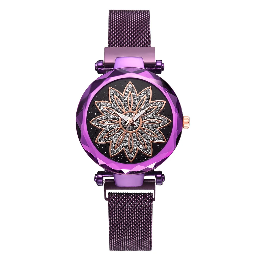 Роскошные розовые Золотые женские сетчатые часы с магнитной пряжкой, модные элегантные женские наручные часы с цветами, женские магнитные часы - Цвет: Фиолетовый