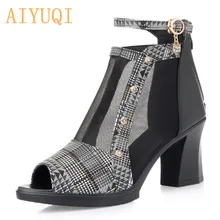 AIYUQI Women sandals high heels 2019 new women sandals genuine leather shoes women summer mesh open toe fashion lady sandals wetkiss wood high heels women summer sandals pointed toe footwear genuine leather sandals shoes new fashion office female shoes
