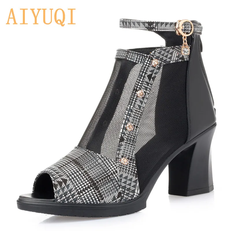 

AIYUQI Women sandals high heels 2019 new women sandals genuine leather shoes women summer mesh open toe fashion lady sandals