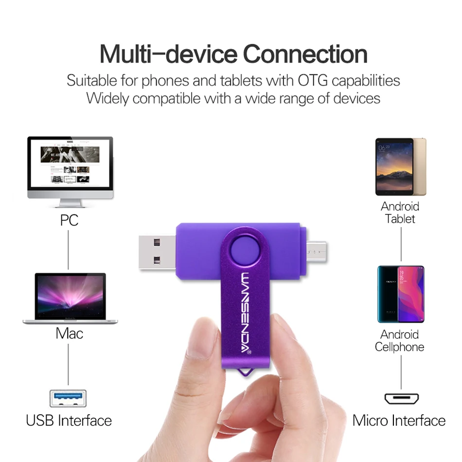 Флеш накопитель WANSENDA OTG USB флешка на 128 ГБ 64 8 16 32 256 флеш память для Android/планшетного