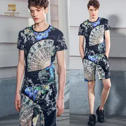 Fanzhuan Бесплатная доставка Новая мода Повседневное личности лета 2018 печати повседневный комплект Для мужчин из двух частей комплект Для