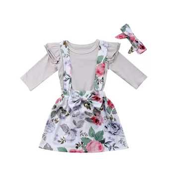 

3Pcs Newborn Baby Girls Clothes Pink Sleeve Ruffle Bodysuit Tops+Floral Skirts+Headband Infant Toddler Baby Girls Clothing Set