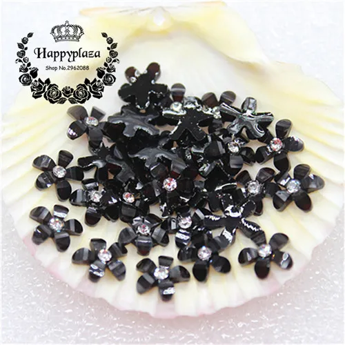 100pcs 10mm Glitter Rhinestone Resin Five-Petal Little Flowers Resin Flatback Cabochon DIY Jewelry/Phone Decoration - Цвет: black 100pcs