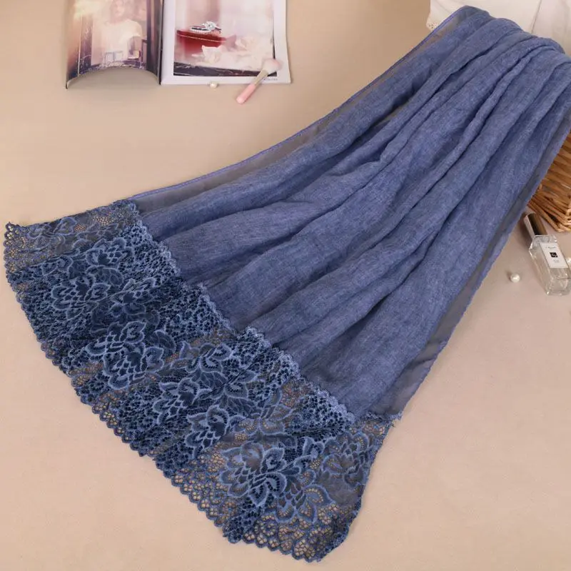 8 denim blue 10 шт./партия, Женский хлопковый шарф с вышивкой, Ажурная шаль, мусульманский шарф хиджаб, женские кружевные шарфы, Весенние длинные палантины из пашмины - Цвет: 8 denim blue