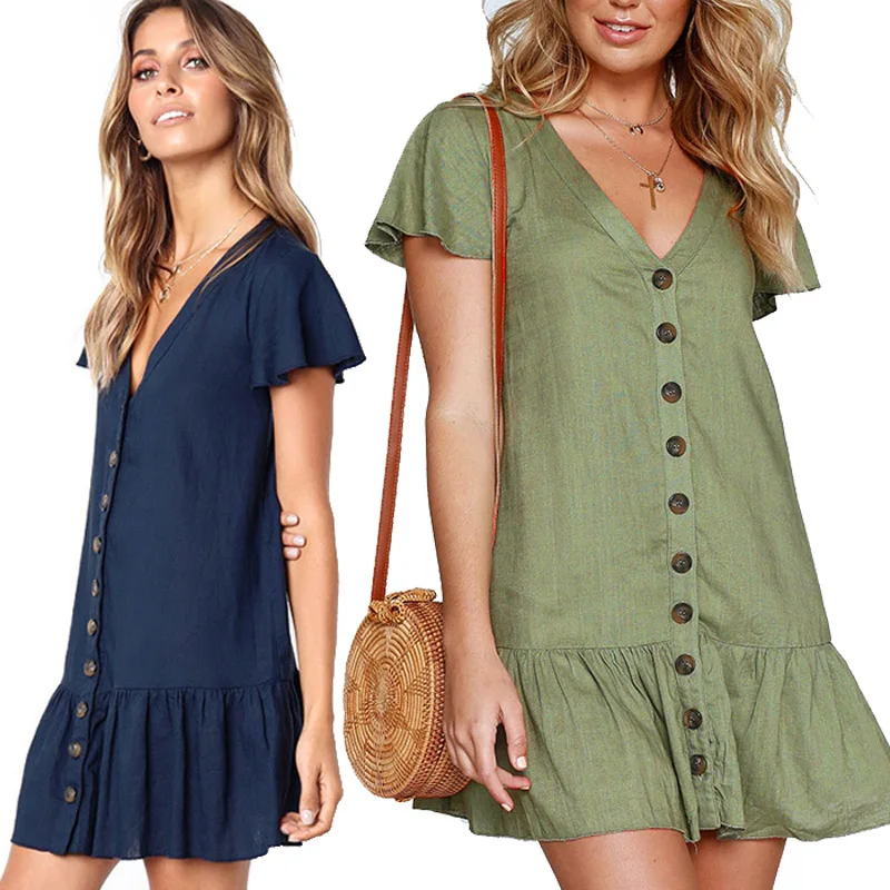 

Solid Casual Mini Dress Women 2019 New Summer Dresses Sexy V-Neck Short Sleeve Ruffle Buttons Cotton White Dress Female Vestidos