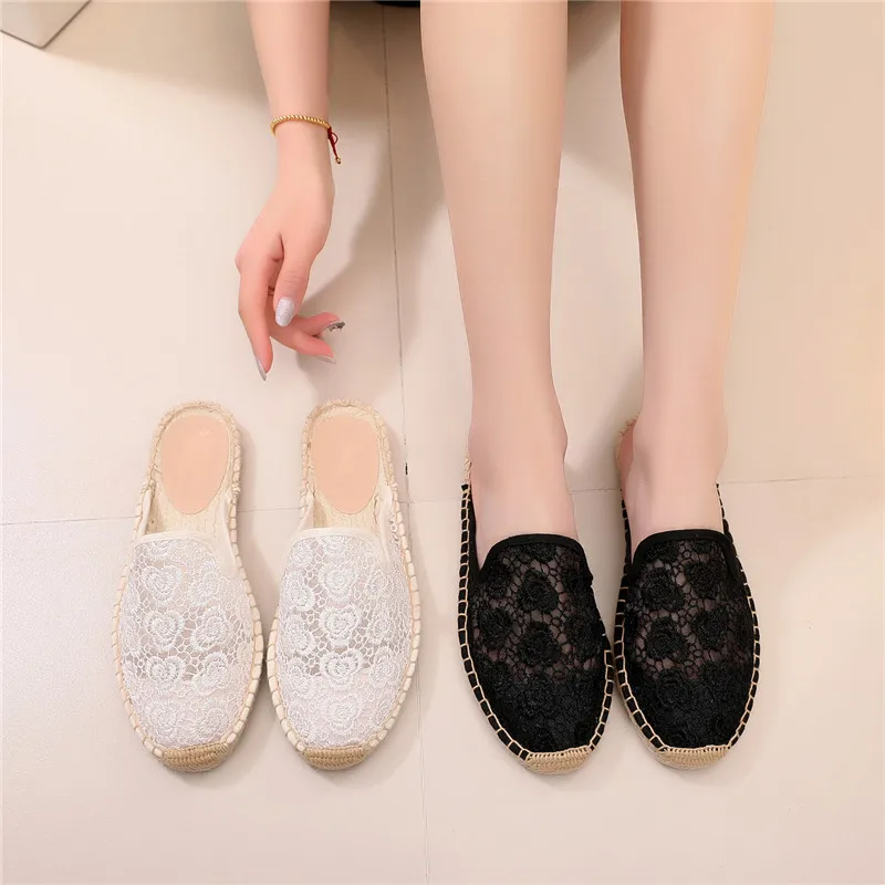 Women Half Slippers Espadrilles Lace Cut-outs Black Women's Sandals Wear Simple Slides Casual Ladies Mules Flat Fisherman Shoes  (1)