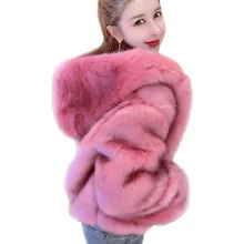 Теплые зимние толстовки Шубы из искусственного лисьего меха для женщин утепленные модные шорты куртки с капюшоном черные розовые меховые пальто женская уличная одежда