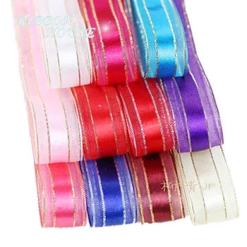 

5/8'' (15mm) White Gold Edge Satin Ribbon wedding Flowers DIY hair accessories and party decorations wholesale ribbons
