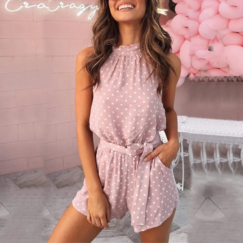 

Women Polka Dot Belted Jumpsuit Playsuits Elegant Halter Backless Jumpsuit Rompers Summer Sleeveless Pocket Playsuit