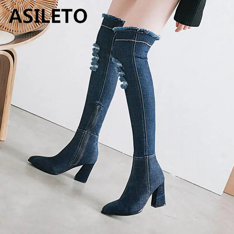 

ASILETO Women denim Boots sexy over the Knee Boots high Heels shoes woman thigh high boots Autumn western jeans Boots booties