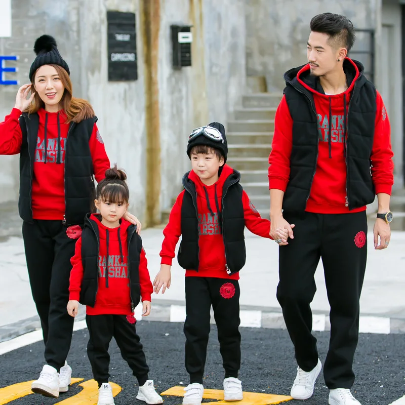 

3 Pc/Sets Korean Sports Suits Family Matching Outfits Mother Daughter Clothes Winter Thick Jacket Pullover Kids Clothing