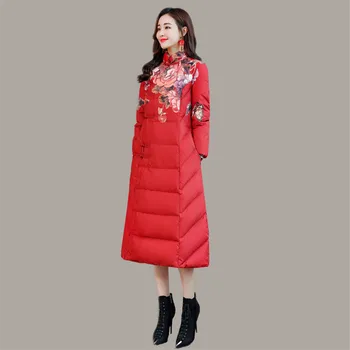 

Autumn Women Cotton Coat Printing Parkas 2019 New Retro Stand Collar Thick Warm Female Jacket Long Winter Ladies Outerwear Xy855