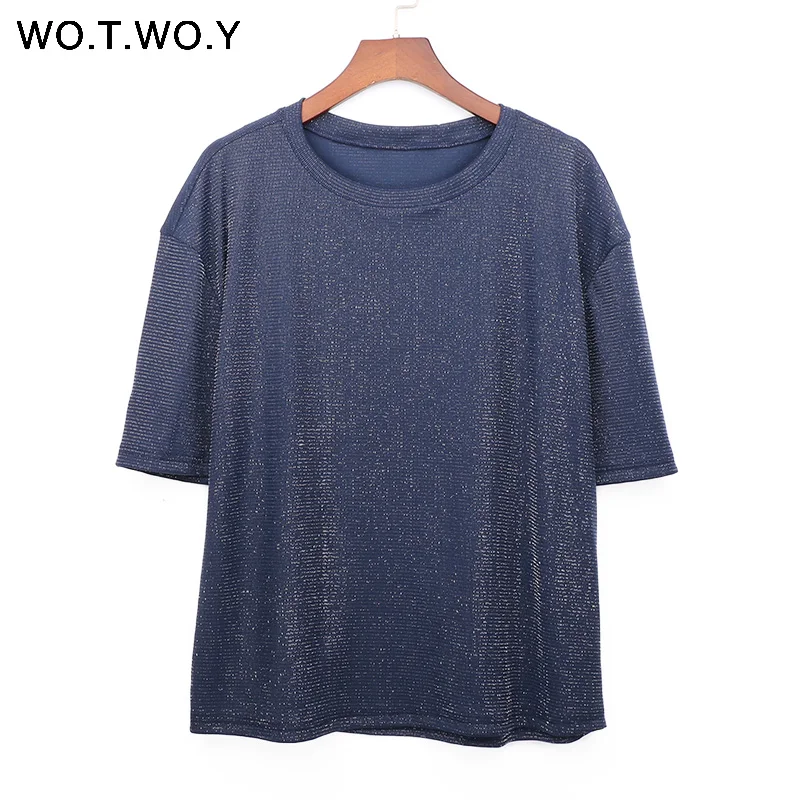 WOTWOY Lurex Sequin Tops Women Summer O-Neck Tee Shirt Women Cotton Short Sleeve Casual T-Shirt Female Solid Shiny T Shirt 2018 WOTWOY Lurex Sequin Tops Women Summer O-Neck Tee Shirt Women Cotton Short Sleeve Casual T-Shirt Female Solid Shiny T Shirt 2018