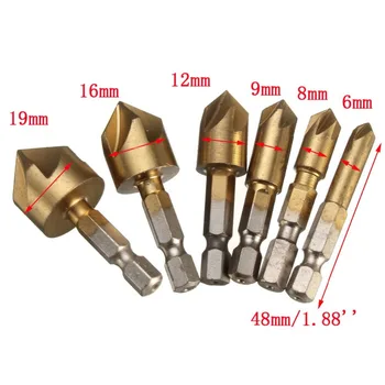 

6PCS 5 Flute Chamfer Countersink 1/4" Hex Shank HSS 90 Degree Wood Chamfering Cutter Chamfer 6mm-19mm Countersink Drill Bit