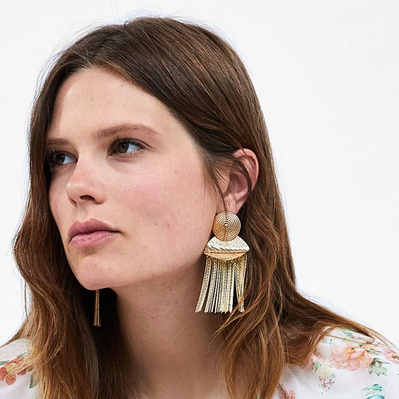 JZYN new Vintage Metal Chain Tassel Statement Dangle Drop Earrings For Women Trendy Geometric Jewelry | Украшения и аксессуары