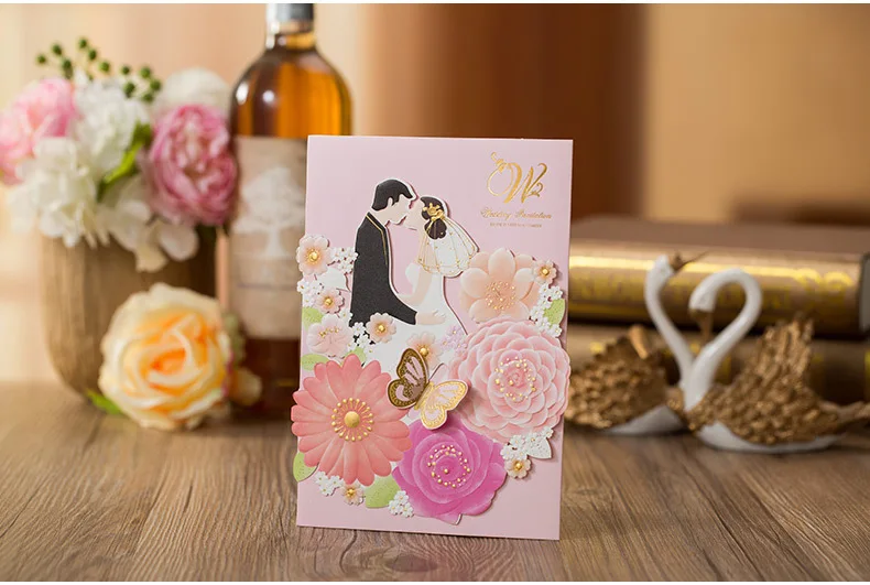 Высокое качество красочные свадебные приглашения 185*127 мм милые бабочки в том числе печати бумаги, конверта и печати 50 шт./партия