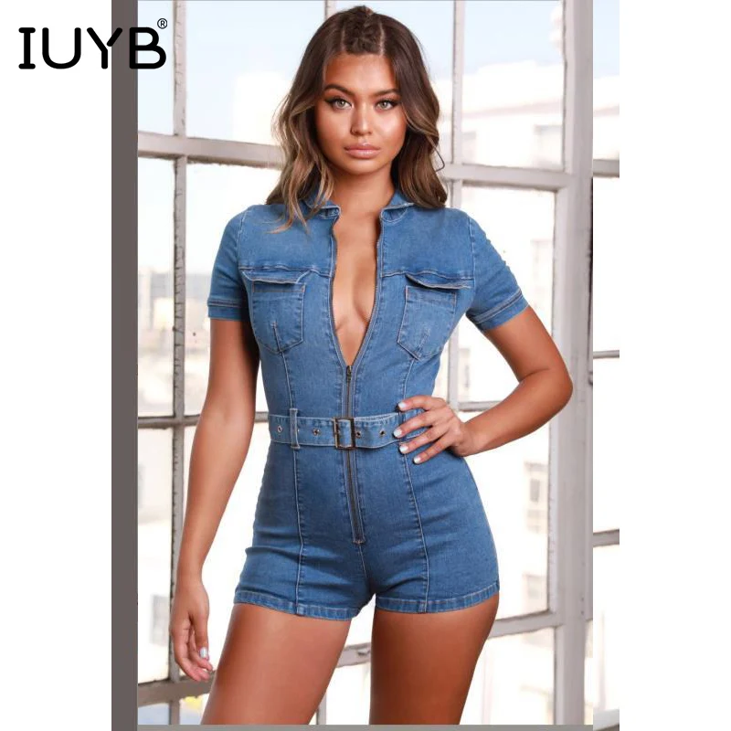 

IUYB Spring 2019 New Age Reduction Sexy Fashion Women Mini Jumpsuits Solid Short Sleeve Skinny Elasticity Denim Romper SY7021