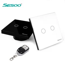 EU/UK Standard SESOO 2 Gang 1 Way Remote Control Light Switch,Crystal Glass Panel Touch Switch, Wall Light Switch For Smart Home
