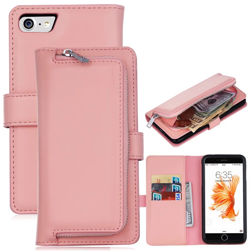 Винтажный кожаный чехол для iPhone X, XS, Max, 8, 7 Plus, 6, 6 S Plus, чехол на магните, на молнии, с отделением для карт, флип-чехол для телефона, для iPhone XR - Цвет: Розовый