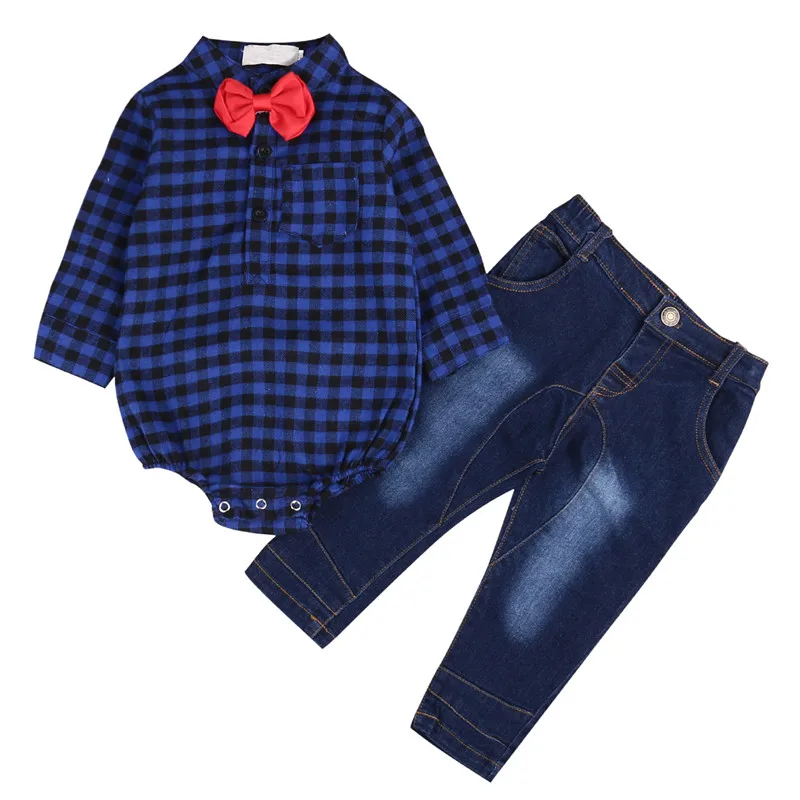 Зимняя одежда для маленьких мальчиков рубашка ползунки+ повседневные штаны в полоску В красную клетку с бантом для маленьких мальчиков Мода новорожденных Одежда для продажи дешевые - Цвет: Синий