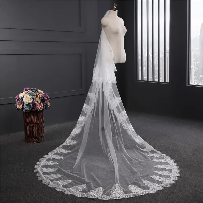 Фата свадебная Длинная с расческой и кружевом 2 рядами гребнем 3 метра|bridal veil with