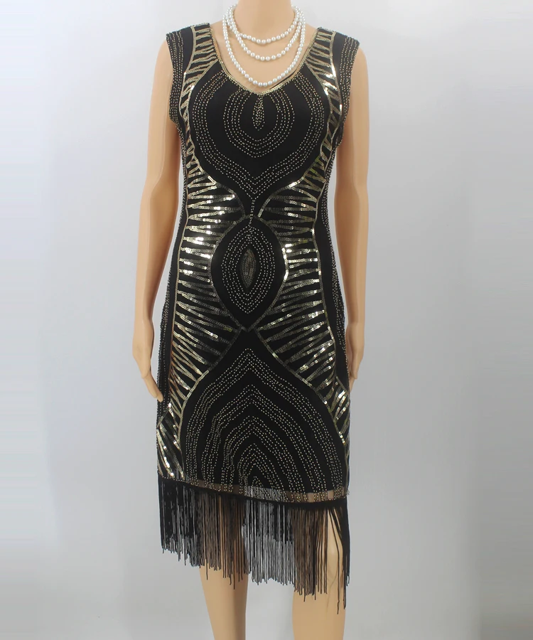 Retro 1920s Great Gatsby Dress Double V Neck Sleeveless Paisley Beaded