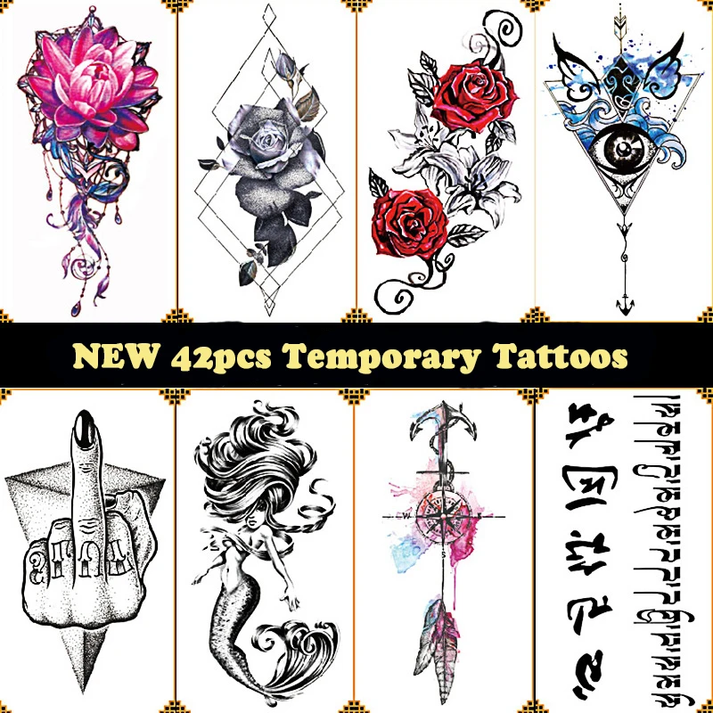 

42 Pieces/set Temporary Waterproof Body Art Tattoo Sticker Colored Mysterious Moon Cat Lion Pattern Beauty DIY Body Tattoo