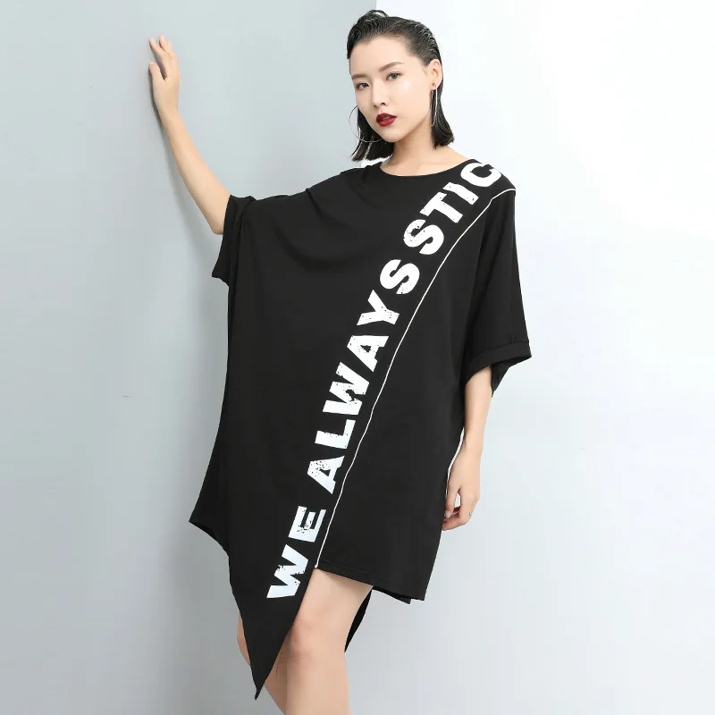 

Women Oversized Bat Short Sleeve Letter Print Irregular T Shirt Dress Female Punk Gothic Streetwear Loose Casual Black Tshirt