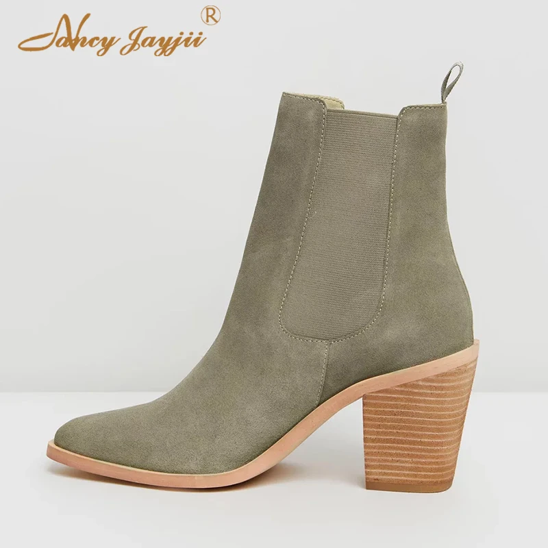 

Green Mid High Heeled Ankle Boots Spring Elastic Band Wood Print Block Heels Pointed Toe Elegant Fashion Women Shoes 2018
