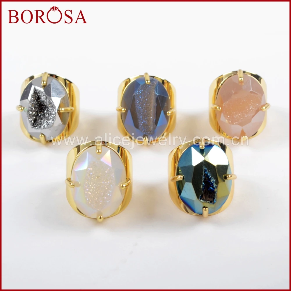 

BOROSA 5PCS Elegant Oval Gold Color Claw Rainbow Titanium Druzy Faceted Ring, Mixed Color Drusy Rings for Women Jewelry ZG0311