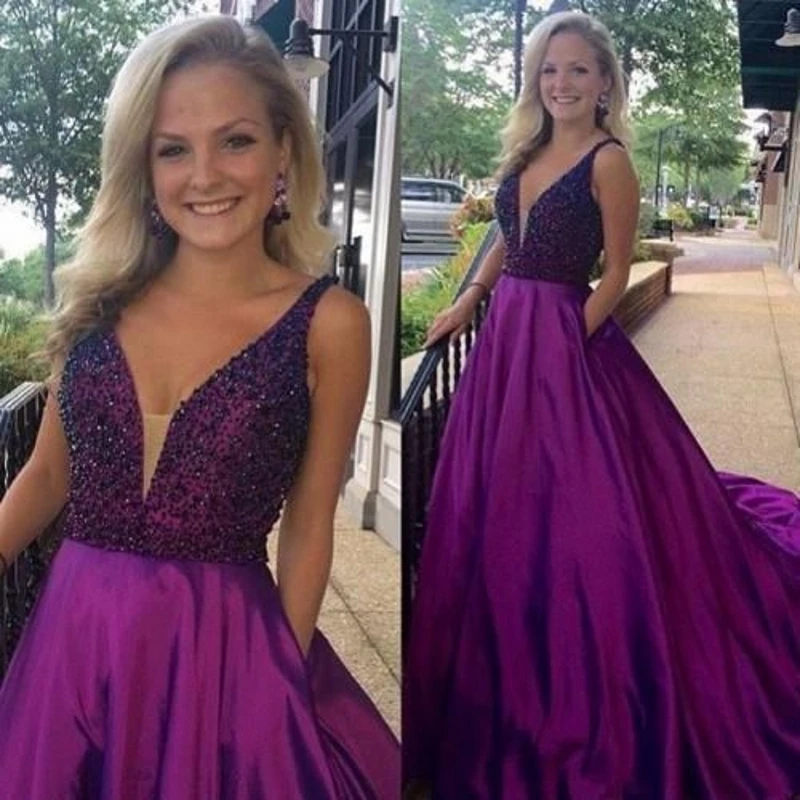 Charming Beading Bodice V neck Purple Evening Dresses For Party 2016
