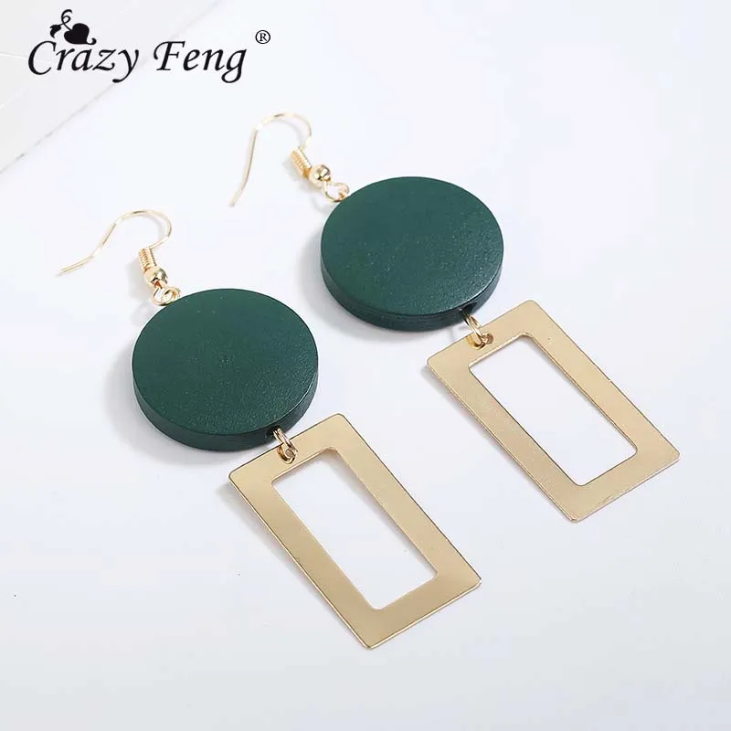 

Crazy Feng Big Long Earrings For Women Fashion Gold Color Geometric Square Dangles 2019 Wooden Earing Hanging Trend Jewelry