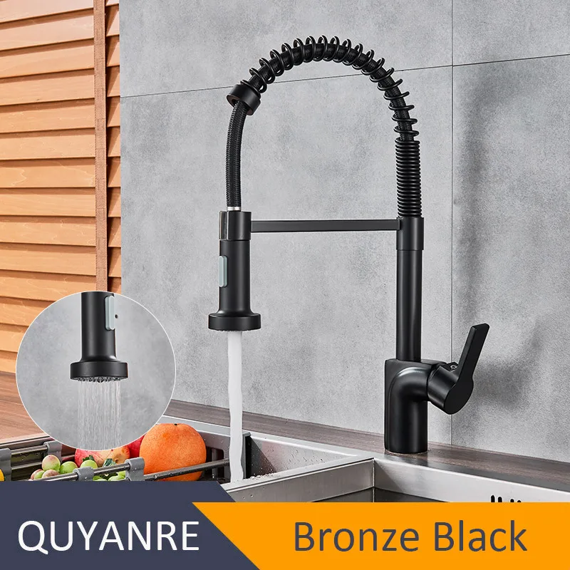 Quyanre матовый черный никель выдвижной пружинный кухонный кран с одной ручкой Смеситель кран вращение на 360 Горячий Холодный Смеситель, кухонный кран смеситель - Цвет: Bronze Black