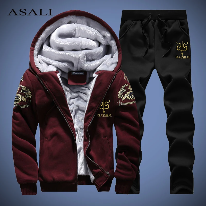 

ASALI Sportswear Men Set Winter Casual Mens Tracksuit Hooded Warm Thick Zipper Hoodie + Pants 2 Pieces Sweat Suit New Fashion