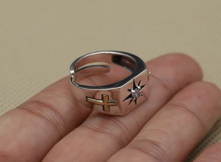 Цельное серебряное 925 простое крестообразное кольцо-манжета для мужчин Настоящее 925 пробы Серебряное мужское ювелирное изделие с одиночным циркониевым камнем подарки