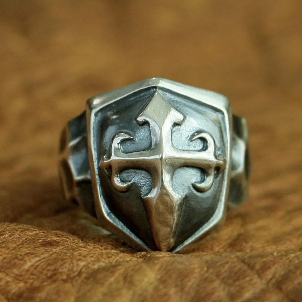 

925 Sterling Silver Handmade Shield Cross Ring Mens Biker Punk Ring TA92A