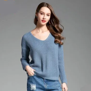 

2018 New Autumn and Winter Female V-neck Pullover Knitted Sweaters Criss-Cross Back Clothes Solid Color Tops Wool Long Sleeve
