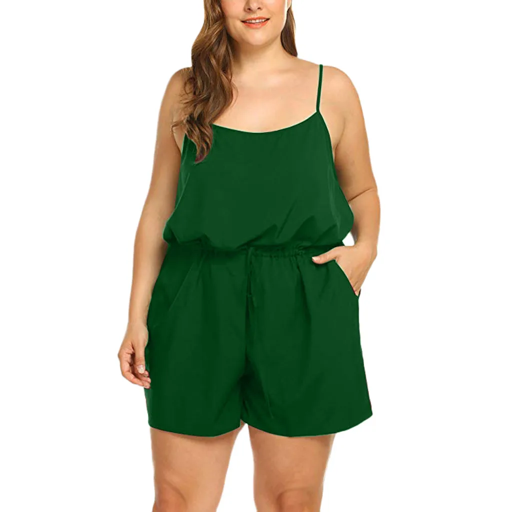

Women Summer Sleeveless V-Neck Spaghetti straps Rompers summer Solid color High Waist Short Jumpsuits Rompers Plus Size 5XL