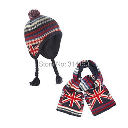 TOU-baby/шапка для мальчиков и девочек, комплект из 2 предметов, полосатая шапка+ шарф, вязаный костюм, Детские Зимние теплые шапки с защитой ушей и шарф
