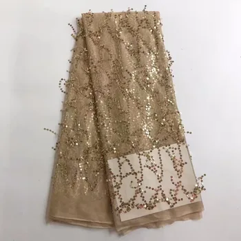 

gold sequin lace fabric fringe material african french net lace tulle fabric high quality evening dresses5yard/lotJW-