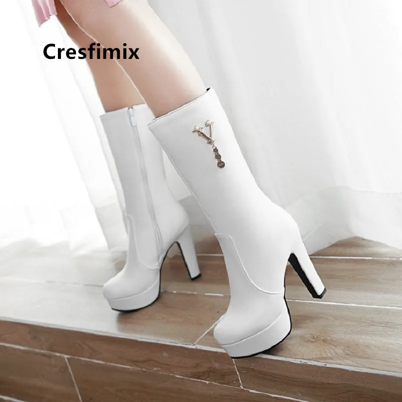 

Cresfimix Women Fashion High Quality White Autumn High Heel Boots Lady Casual Black Boots Cool Beige Pu Leather Boots B6026