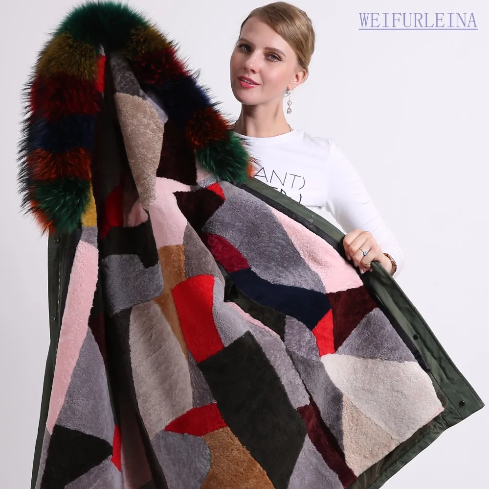 

2018 Top Fashion Special Offer Regular Merino Sheep Fur Real Natural Raccoon Collar Coat Cashmere Fur Lining Winter Jacket Hat